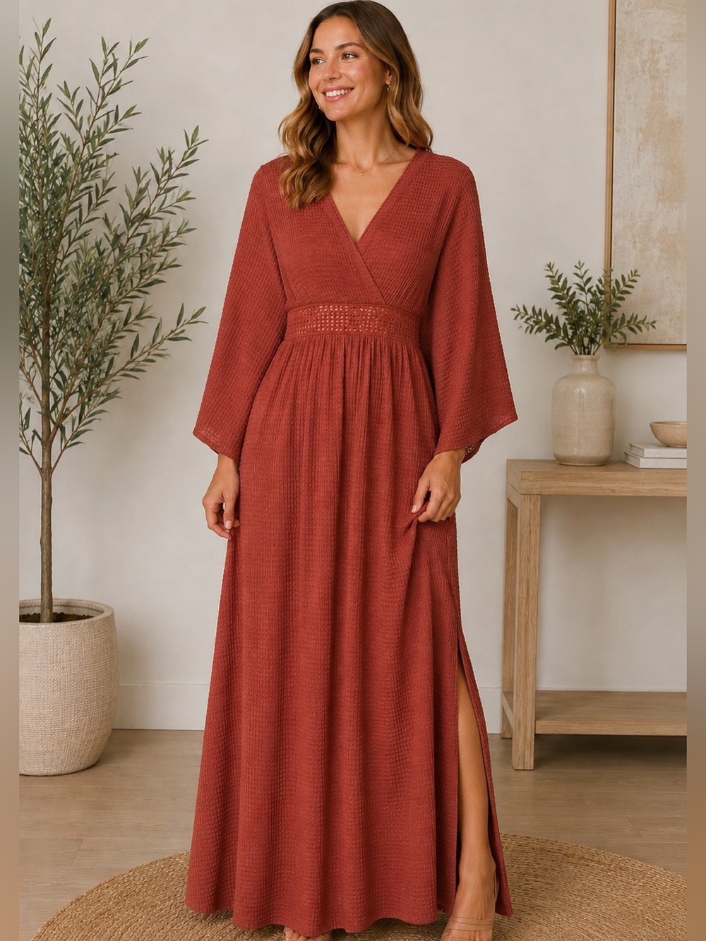 Blue Buttercup Waffle-Knit Rust Maxi Dress with V-Neck and Tie Back